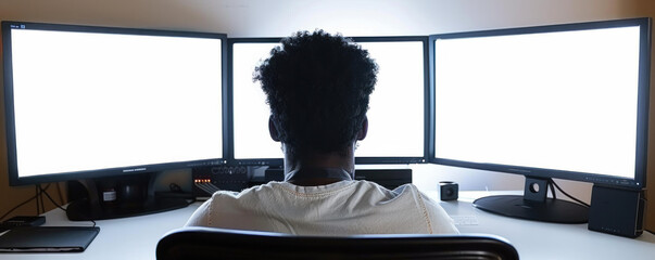 Poster - A man sits in front of three computer monitors, one of which is black. He is focused on the screen, possibly working on a project or browsing the internet. Concept of productivity and concentration