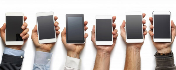 Poster - A group of people holding up their cell phones. The phones are all different sizes and colors. The people are holding them up in a row, with some of them overlapping