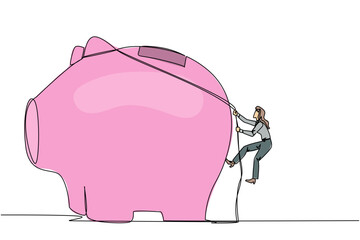 Poster - Single continuous line drawing businesswoman climbing piggy bank with rope. Entrepreneur working hard to make investments preparing for retirement. Smart worker. One line design vector illustration