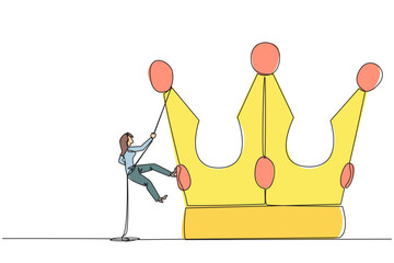 Poster - Single continuous line drawing businesswoman climbing crown with rope. Prepare for a better life by working hard to achieve the highest position. The hard worker. One line design vector illustration