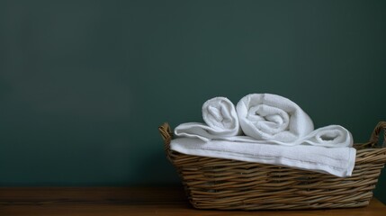 Wall Mural - White towels arranged in a basket on a table with space for writing