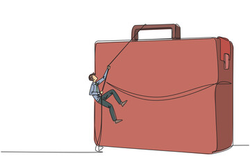 Poster - Single one line drawing businessman climbs briefcase with rope. A metaphor for building a business from scratch. Growing and having many relationships. Continuous line design graphic illustration