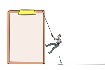 Sticker - Continuous one line drawing businessman climbing clipboard with rope. Extra effort to work on reports optimally. The final report is awaited. Work hard. Single line draw design vector illustration