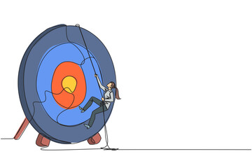 Poster - single one line drawing businesswoman climbs arrow board target with rope. struggle very persistentl