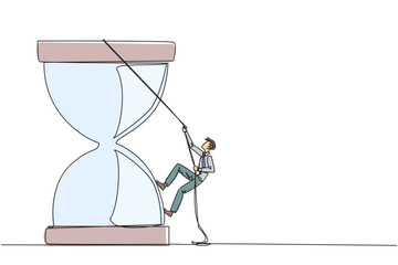Poster - single one line drawing businessman climbs hourglass with rope. the countdown is set. deadline is co