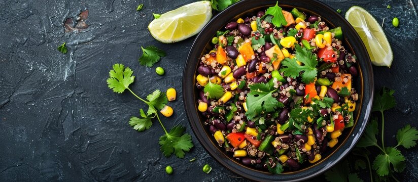 homemade southwestern mexican quinoa salad with beans corn and cilantro. copy space image. place for