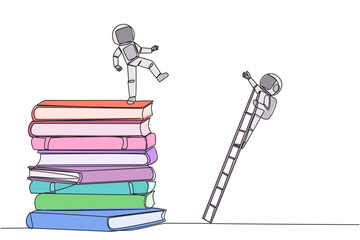 Poster - Single continuous line drawing astronaut kicks opponent who climbing a pile of books with a ladder. Failed to gain access to profitable business principles. Rival. One line design vector illustration