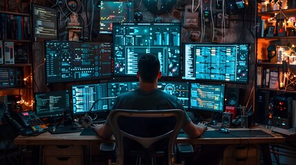 Wall Mural - Hacker with Complex Multi Monitor Setup Surrounded by Data and Code