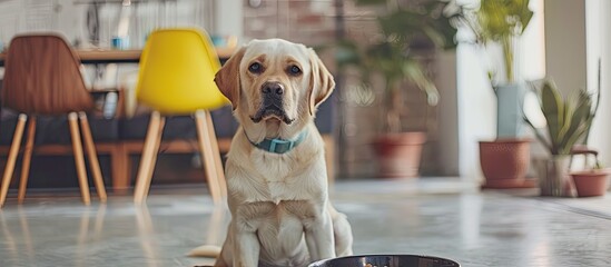 Canvas Print - Cute funny dog near bowl with food at home interior. Copy space image. Place for adding text and design