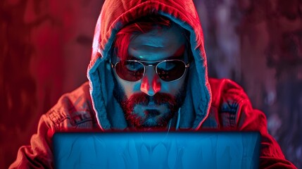 Poster - hacker in red hoodie plotting a secretive cyber heist with sophisticated cybersecurity strategies