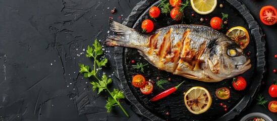 Sticker - Baked Dorado fish with vegetables on a black stone plate. Top view. Free space for your text. Copy space image. Place for adding text or design