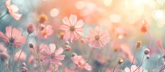 Canvas Print - The beauty of the flowers in the garden Softfocus image and filter lens flare pastel background. Copy space image. Place for adding text and design