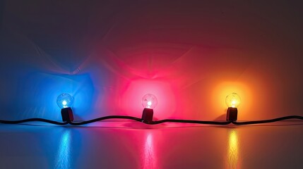 Wall Mural - a picture of an cable made of three coloured christmas light bulbs, arranged horizontal, the room is dark, the bulbs are shape of the light bulbs are small and thin, white background
