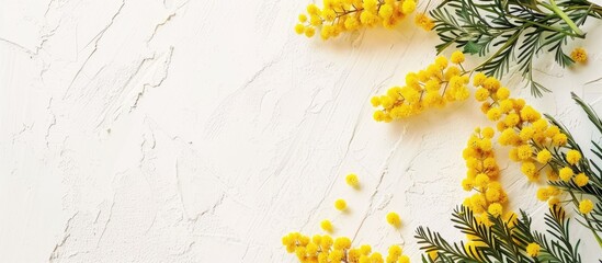 Poster - Mimosa flowers on white wall. Aesthetic minimal wallpaper. Autumn Summer floral plant background composition. Copy space image. Place for adding text and design