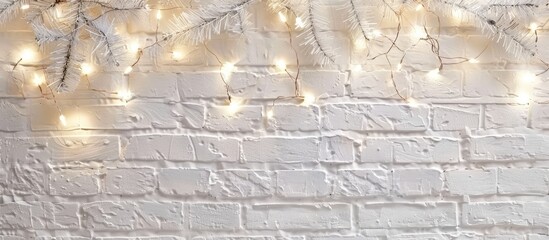 Poster - white brick wall christmas background with shiny lights. Copy space image. Place for adding text or design