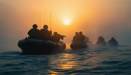 silhouette of underwater commando team advancing on boat in foggy sunrise.