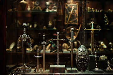 Elegant Display of Viking Artifacts: Weapons and Jewelry in Museum Setting  