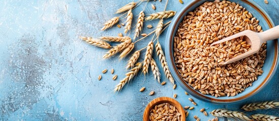 Wall Mural - Spelt. Grains of Emmer (Triticum) wheat. Organic healthy vegetarian food. pastel background. Copy space image. Place for adding text and design