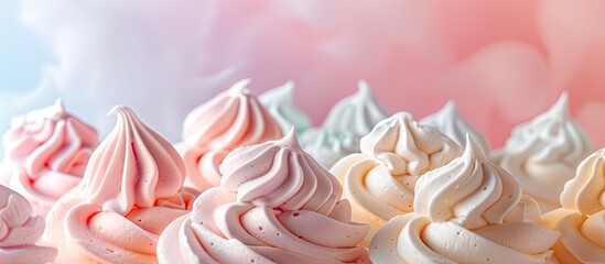 Wall Mural - Colorful meringues isolated on pastel background. Many sweet zephyrs . Copy space image. Place for adding text and design