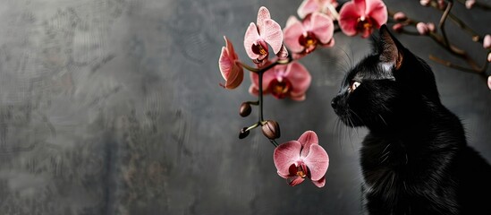 Cat and pink orchids on background. Modern interior. Black domestic pet. Decorative blossoming orchid. Interior cat. Copy space image. Place for adding text and design