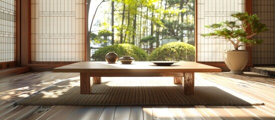 Poster - a handmade low table in a japanese-style room. copy space image. place for adding text and design