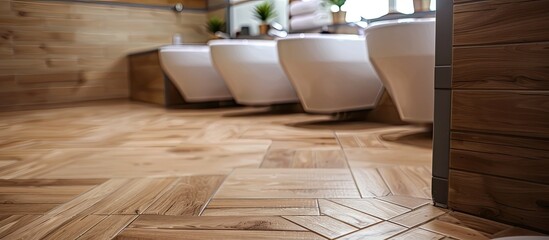 Wall Mural - Square wooden floor tile in the restroom, selective focus. Copy space image. Place for adding text and design
