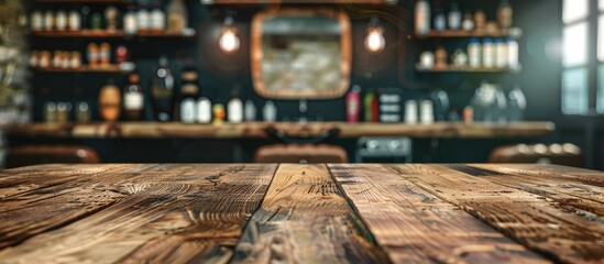 Wall Mural - Wooden table background with blurred barber shop view. Empty space for decoration and advertising products. Copy space image. Place for adding text and design