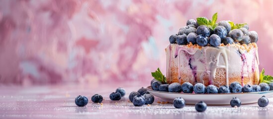 Wall Mural - Angel food cake decorated with fresh blueberries and cream pastel background. Copy space image. Place for adding text and design