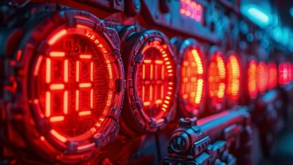 Poster - This close-up view of red digital displays on a futuristic device. Laser tag