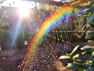 Wall Mural - Stunning Rainbow Hued Water Drops Cling to Delicate Spider Web in Sunlit Nature