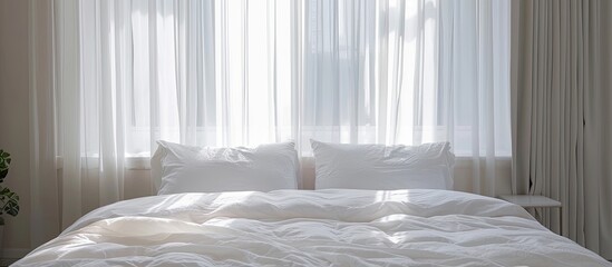 Poster - White bed in the interior of the bedroom. Copy space image. Place for adding text and design