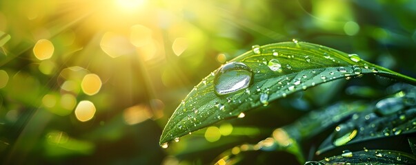 Poster - Glistening Water Drop on Verdant Grass Blade with Morning Sunlight