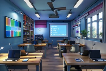 Fototapete - A contemporary classroom featuring interactive panels and AI assistants to enhance learning. Generative AI