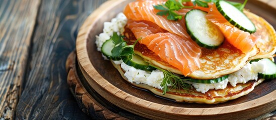 Sticker - oatmeal pancakes with salted salmon, cucumber, greens and curd cheese, close-up. Copy space image. Place for adding text or design