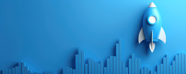 Poster - A blue background with a rocket flying through it. The rocket is white and has a blue nose