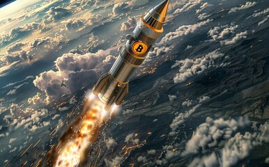 Poster - Bitcoin rocket launcher concept. An appreciation of gold in the form of a 3D render.