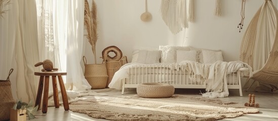 Poster - Boho style white bedroom with wooden toys and macrame decoration. High quality photo. Copy space image. Place for adding text and design
