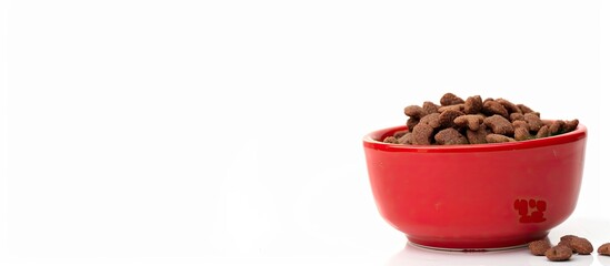 Wall Mural - Dry cat food in a red bowl, isolated on white background. Copy space image. Place for adding text or design