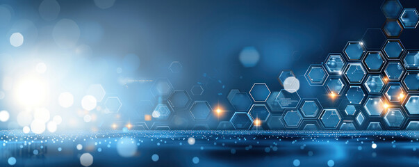 Poster - A blue background with a lot of hexagons and a light shining on it. The hexagons are all different sizes and colors, and they are scattered throughout the image. Scene is one of creativity