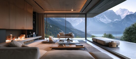 Poster - mountain house, modern architecture, interior, living room. Copy space image. Place for adding text and design