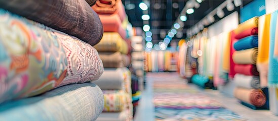 Poster - exhibition hall with fabrics. studio. background blur. copy space image. place for adding text and d