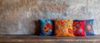 © Ilgun - carved wood design pillows embroidered with fluorescent colors in front of the wall oriental corner turkish coffee presentation. Copy space image. Place for adding text or design