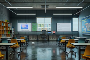 Fototapete - A modern, contemporary classroom equipped with interactive panels and AI assistants, creating an engaging and inviting learning environment for students. Generative AI