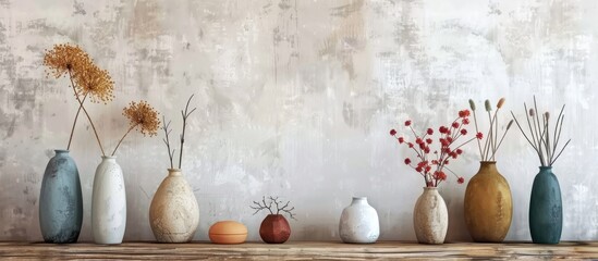 Sticker - Decorative vases on wooden shelf  on white wallpaper background. Copy space image. Place for adding text and design