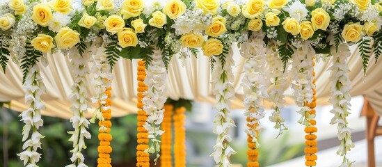 Poster - Indian wedding mandap decor yellow and white flowers. Copy space image. Place for adding text and design
