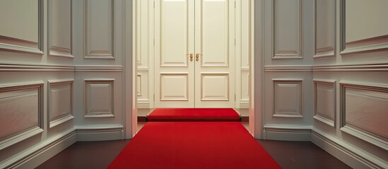 Poster - Doors with red carpet. Copy space image. Place for adding text and design