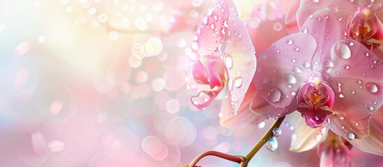 Poster - Orchids with water drops pastel background  Flower  Design. Copy space image. Place for adding text and design