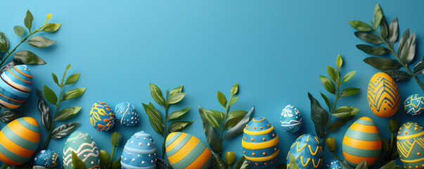 Poster - A blue and yellow background with a bunch of painted eggs. The eggs are arranged in a way that they look like they are growing out of the ground. Scene is cheerful and playful