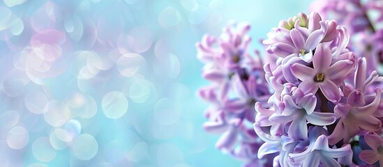 Poster - lilac Hyacinth blooming , close up. Copy space image. Place for adding text and design