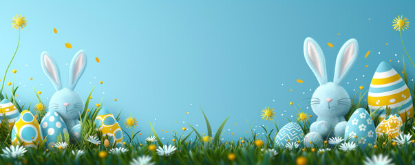 A blue and yellow background with two rabbits and a bunch of eggs. The rabbits are sitting in the grass and the eggs are scattered around them. Scene is playful and cheerful